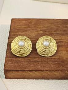 Bird's Nest Stud Earrings Woven Wire Shape Chunky Big Earrings With White Faux Pearl Stud Earrings For Women - Minimalist Unique Design Earrings Stud For Women Boho Fashion Beach Ear Jewelry Accessories Gold Color Star Faux Pearl Geometric Flower Earrings Set Summer Beach Jewelry Fancy Stainless Steel Jewelry Set, Great For Glamorous,Holiday,Wedding,Daily,Music Festival,Beach Vacation. Perfect For Valentines Day, Birthday, Mother Day, - Gold - View 3