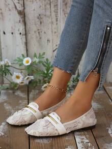Women's Pink Lace Floral Square Toe Flat Shoes Breathable Mesh Loafers Spring Summer - Apricot - View 5