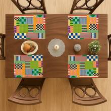 2 piezas Manteles individuales a rayas y cuadros de colores, diseño abstracto retro, resistentes al calor y fáciles de limpiar, adecuados para cocina, hogar, interior/exterior, mesa de comedor, cafetería - Multicolor - Ver 4