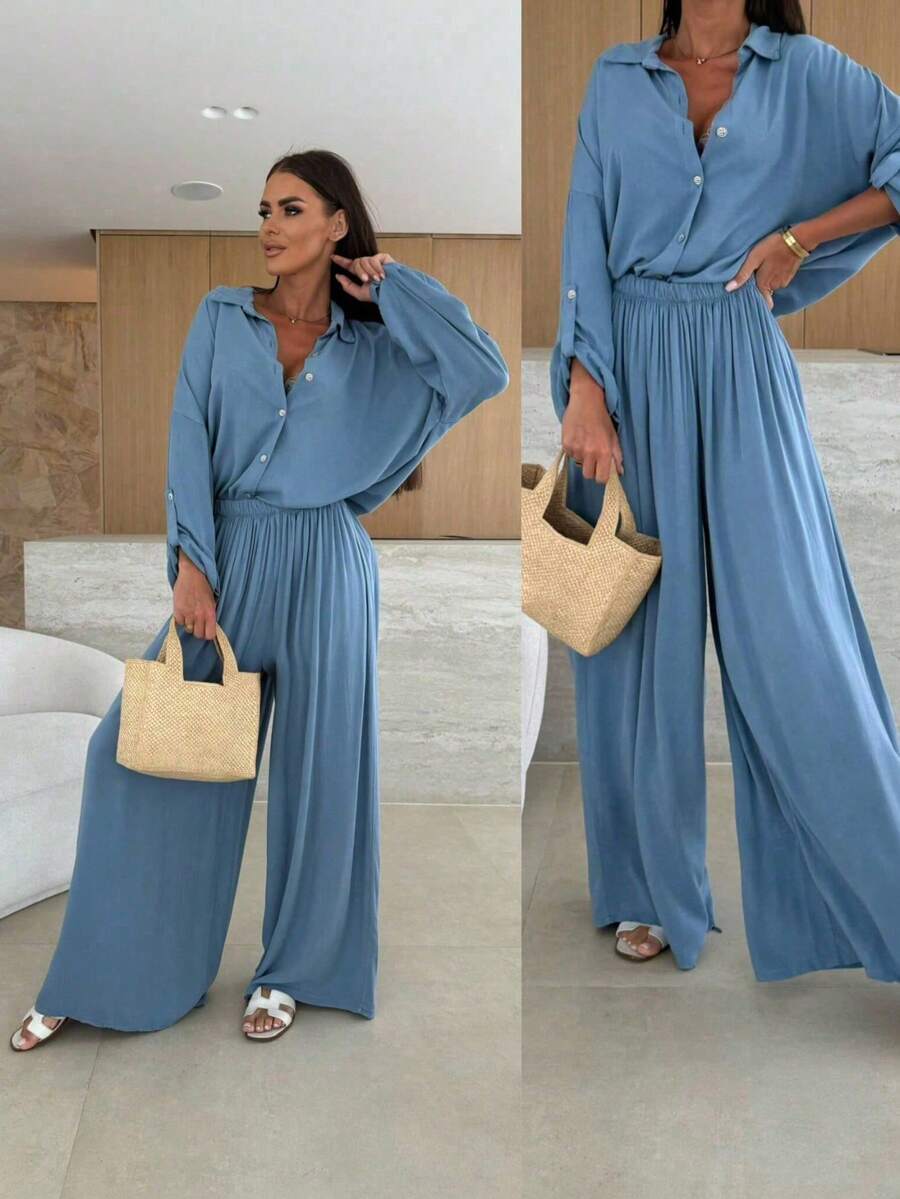 Women's Solid Color Casual Front Button Loose Shirt And Pants 2 Pieces Set Spring - Blue - View 1