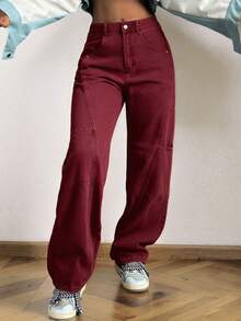Boyfriend Style Patchwork Women Straight Leg Jeans Casual Spring - Red - View 5