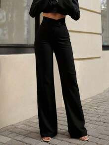 Pantalones rectos negros elegantes y casuales para mujer, pantalones de verano con cintura asimétrica en V para acentuar las curvas, adecuados para la escuela, el uso diario, el trabajo, las citas y las vacaciones de primavera - Negro - Ver 3