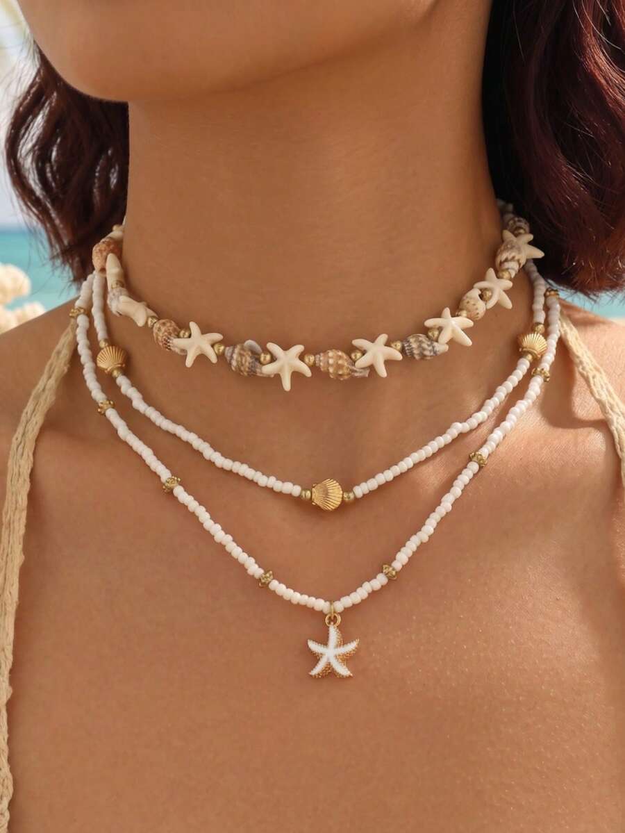 3pcs/Set Bohemian Style Shell & Starfish Beaded Necklace Set, Unique Design Starfish Pendant & Pearl Necklace, Multi-Layer Wearable For Daily, Date, Vacation - Multicolor - View 1