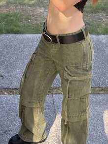Jeans en denim délavé vintage très délavé, ample, avec poches à fermeture éclair - Spring Green - Voir 6