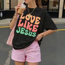 Camiseta Negra con Estampado Love Like Jesus para Mujer Verano Casual - Negro - Ver 3