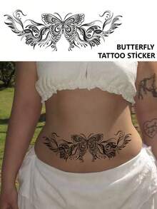 1 Piece Butterfly & Flower Temporary Tattoo Sticker, Floral Body Art Painting Decal Suitable For Women Or Men On Back, Abdomen, Waterproof And Sweat-Proof, Can Cover Scars, Applicable For Dance Party, Stage Performance, Modern Art - Black - View 1