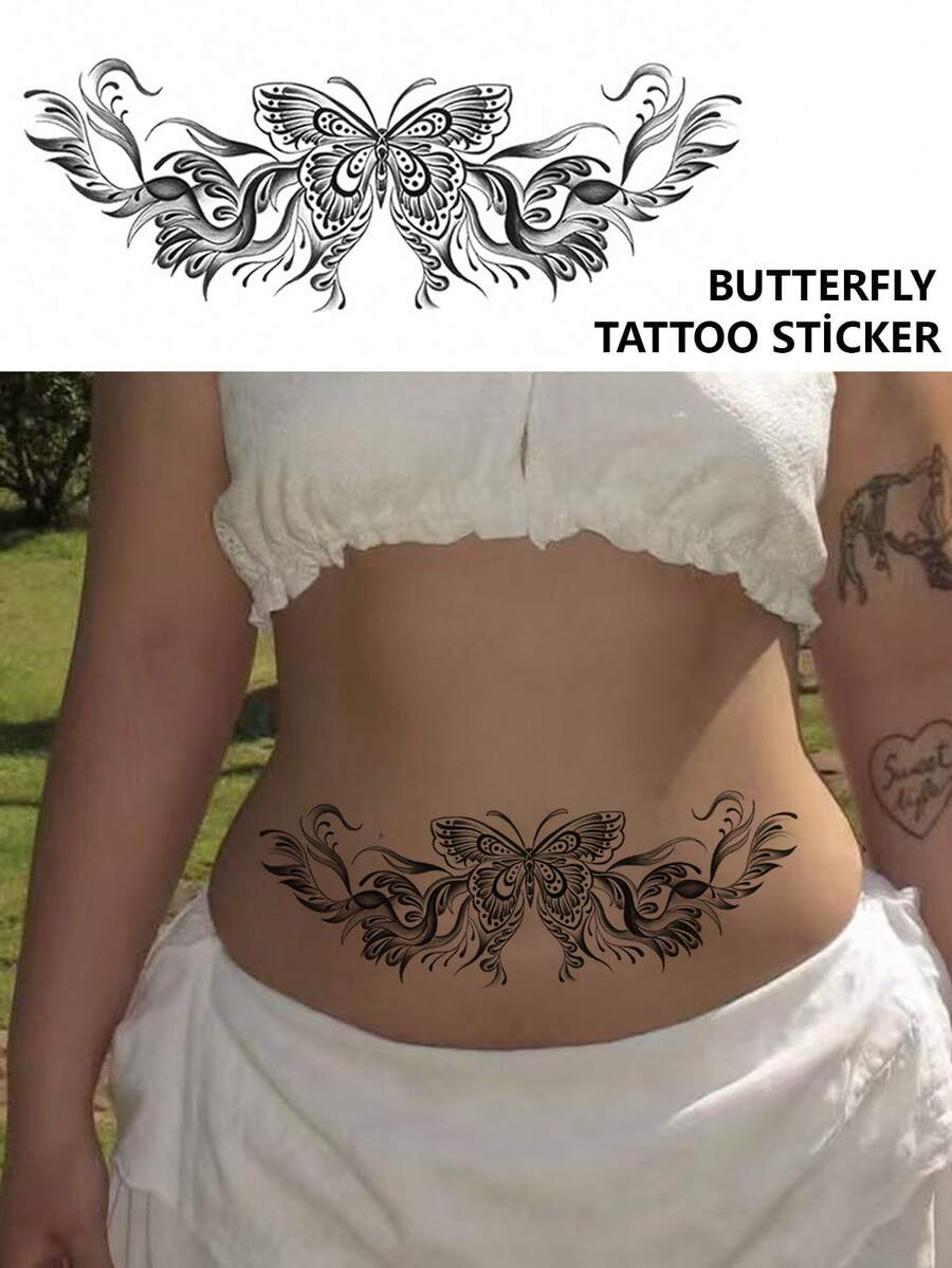 1 Piece Butterfly & Flower Temporary Tattoo Sticker, Floral Body Art Painting Decal Suitable For Women Or Men On Back, Abdomen, Waterproof And Sweat-Proof, Can Cover Scars, Applicable For Dance Party, Stage Performance, Modern Art - Black - View 1