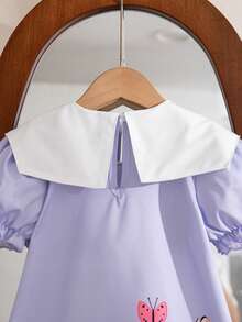 Young Girls Summer New Peter Pan Collar Bow Ruffle Cartoon Animal & Plant Print Casual Dress - Mauve Purple - View 10