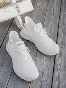 4-Season New Road Running Shoes, Walking Shoes, Commuting Shoes, Knitted Mesh Upper, Breathable, Lace-Up, Comfortable, Elastic, Soft Sole, Casual Sports Shoes, Sneakers, Running Shoes, Outdoor Hiking Shoes, Fitness Shoes, All-Season Shoes - White - View 5
