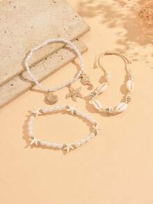 3pcs/Set Boho Style Handmade Woven Shell Anklet With Faux Pearl & Starfish, Multi-Layer Alloy Beaded Anklet For Daily Wear, Beach, Party, Music Festival - Multicolor - View 3