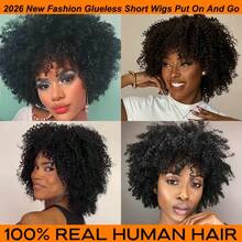 YQL Afro Curly Human Hair Wigs Glueless Wear On And Go Short Kinky Curly Wigs With Bangs Afro Human Hair No Lace Front Wigs Full Machine Made Human Wigs Suitable For Daily Wear, Parties, Cosplay, Carnivals, Festivals - Natural Black - View 9