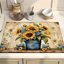 1pc Vintage Sunflower Pattern Absorbent Dish Drying Mat, Home Decor, Espresso Machine Countertop Absorbent Mat, Sink Drain Mat, Soft Faucet Absorbent Mat, Sink Cup Mat, Kitchen & Bathroom Accessories - Multicolor - View 4