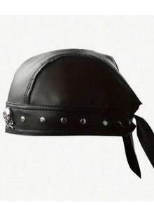 Adjustable Pirate Skull Bandana For Men, PU Leather Motorcycle Cycling Cap, Punk Rock Hip Hop Headwear, Black Biker Riding Headwrap - 黑色 - 查看 4
