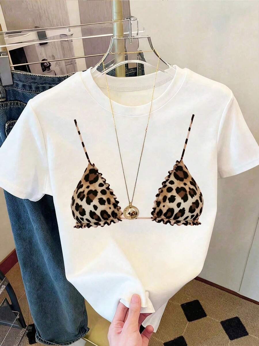 Áo thun bikini in họa tiết da báo dành cho nữ, tay ngắn, cổ tròn, dáng regular fit, co giãn tốt, thích hợp mặc mùa hè. - trắng - Xem 1