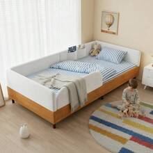 Cama de solteiro estofada, com design em veludo e madeira, com 2 bolsos de arrumação, cama estofada moderna para quarto infantil, borda em espuma macia com absorção de impacto, estrutura de cama robusta, branca, 90 x 200 cm - Branco - Ver 2