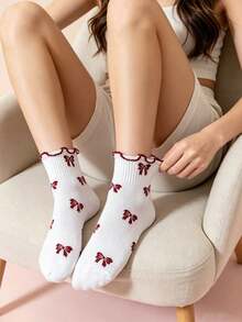 5 Pairs Women's Red Lace Bow Socks, Cute & Sweet Socks, Short Socks For Spring & Summer - Red - View 2