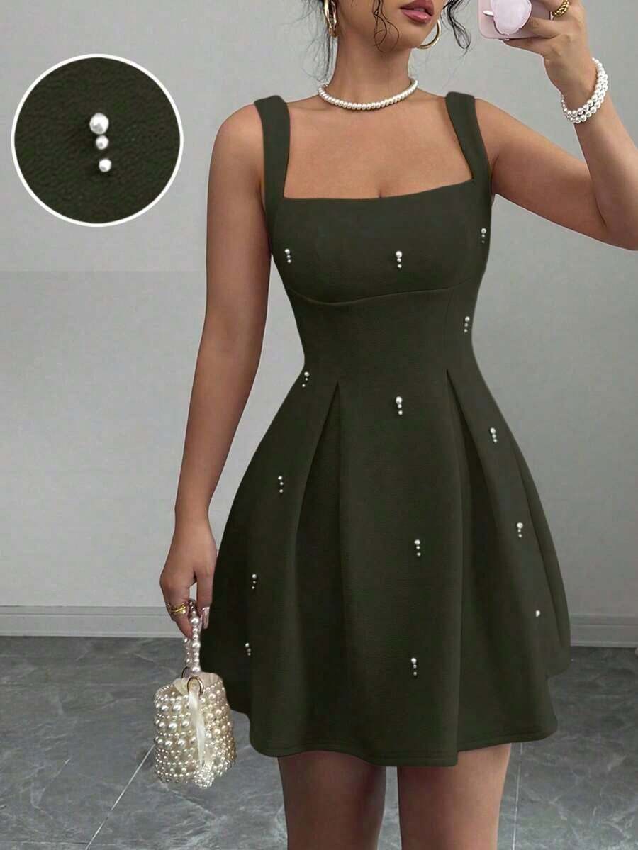 Vestido casual de mujer con parches de unicolor, tirantes anchos y cuentas - Verde militar - Ver 1