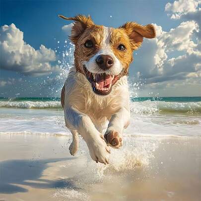 Bộ tranh đính đá 5D tự làm mới - Chó Jack Russell Terrier bên bờ biển, tranh nghệ thuật khảm đá acrylic, tranh trang trí nhà cửa phòng khách/phòng ngủ, quà tặng cho mẹ, không khung.