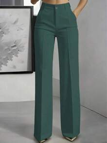 Pantalones rectos de unicolor versátiles y de moda, color blanco, para primavera - Verde Oscuro - Ver 5