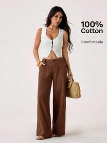 PETITE Pantalones rectos de cintura baja de 100% algodón lavado, pantalones de lino para mujer, pantalones de verano, pantalones anchos de mujer, pantalones de verano, otoño y ropa de otoño para mujer - Marrón - Ver 5