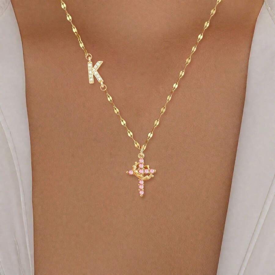 1pc Minimalist Classic Letter Cross Crown Pendant Stainless Steel Gold Lip Chain Necklace For Women - Yellow Gold - View 1