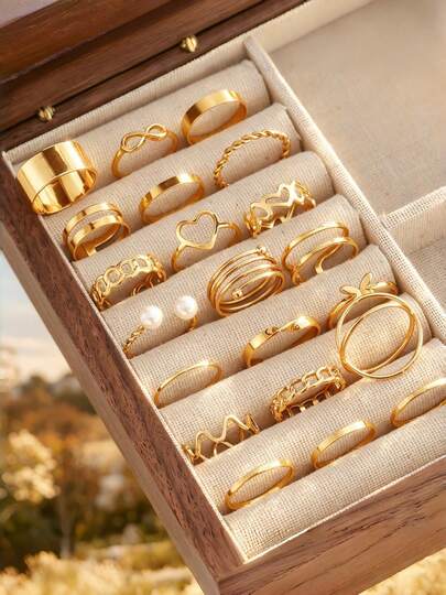 22件套女士戒指套装，金色复古时尚简约优雅镂空心形和螺旋8字形戒指，适合日常、度假、派对、婚礼佩戴，可叠戴，四季皆宜的礼物