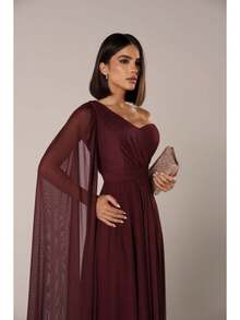 Long Wedding Dress For Bridesmaid - Flowing Style With Cape And Slit - Redwood - View 3