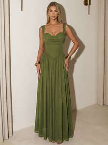 CurvySweet Celeste Women's Summer Olive Green Maxi Dress Square Neck Sleeveless Corset Bodice Flowy A-Line Sundress Vacation Beach Dress - 橄欖綠 - 查看 6