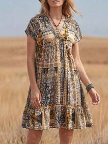 Vestido corto casual de vacaciones románticas de playa rosa para mujer en verano - Multicolor 4 - Ver 3