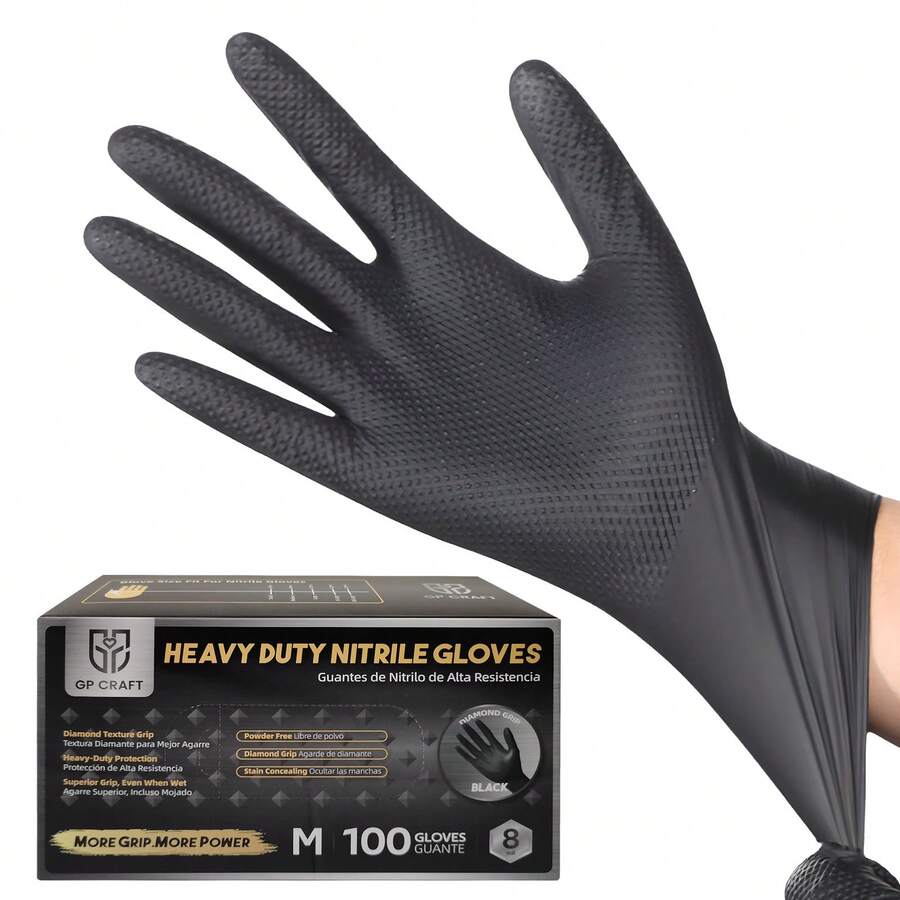 100 Pcs Heavy Duty Mechanic Nitrile Black/Orange/Green Disposable 8 MIL Diamond Gloves - 100Pieces (M size) - View 1