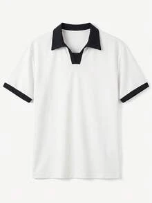 男士撞色滚边 Polo 衫，简约通勤短袖毛衣 - 白色 - 查看 3