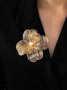 دبوس وردة ذهبي مزين بخرز اصطناعي أنيق وعصري، مناسب للنساء لارتدائه في المناسبات الرسمية والأعياد، قطعة واحدة - الذهبي - مشاهدة 5