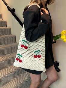 Yogodlns Nuevo bolso de verano con diseño de cereza hueco y correa, bolso de playa minimalista de moda hecho a mano a ganchillo, bolso de mano de cereza de punto, bolso de hombro, bolso de playa para mujeres - Multicolor - Ver 5