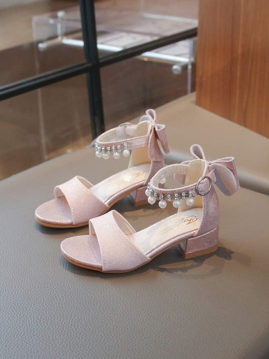 1 đôi sandal cao gót màu hồng lấp lấp đính đá cho bé gái, kiểu dáng công chúa hở mũi, mềm mại, chống trơn trượt, có khóa cài, thời trang, đa năng, thích hợp cho hoạt động ngoài trời, giày dự tiệc thoáng khí cổ điển cho trẻ em. - Hồng - Xem 1