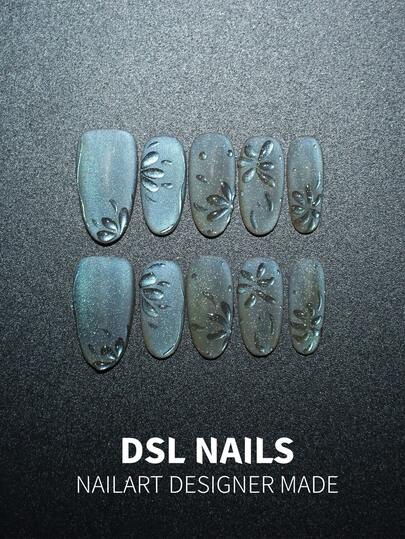 10 Pieces/Set Of Handcrafted Nail Art, Original And Luxurious Yet Niche, High-End, Cool-Toned Aesthetic Wearable Nail Art. Features Cold-Toned Gray-Blue Cat's Eyes, Fine Sparkle Matte Finish, Three-Dimensional Hand-Drawn Relief Flower Patterns. Y2K Millennium Hot Girl Style, Cute Style, Hand-Drawn Style. Suitable For Use At Parties, Weddings, And For Everyday Wear. Comes With A Tool Set. An Excellent Gift For Women And Girls For Nail Care Products.