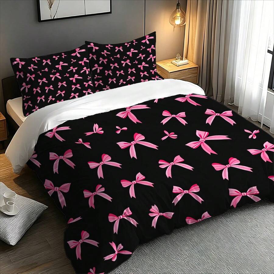 Bộ 3 món ga trải giường màu đen với nơ hồng dễ thương, chất liệu microfiber mềm mại, bao gồm cả vỏ gối, phù hợp cho phòng ngủ bé gái, sử dụng được cả bốn mùa. - Nhiều màu - Xem 1