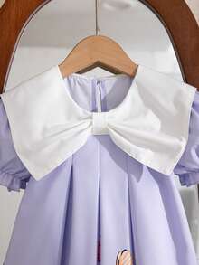 Young Girls Summer New Peter Pan Collar Bow Ruffle Cartoon Animal & Plant Print Casual Dress - Mauve Purple - View 4