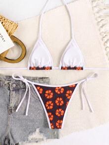 Bộ bikini họa tiết hoa nhiệt đới cổ điển, viền màu tương phản, kiểu buộc dây hai bên hông, thích hợp mặc đi biển. - Nhiều màu - Xem 3