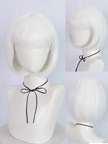 White Bobbed Wig With Bangs, White Party Wig With Fashionable Glasses (Star, Cat Eye, Heart-Shaped), Women's Short Neon Costume, Halloween Costume, Nightclub Wig - White - View 4