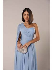 Long Wedding Dress For Bridesmaid - Flowing Style With Cape And Slit - Serenite Blue - View 3