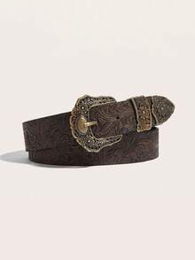 1pc Women's Fashion Casual Retro Printed Belt, Waist Cinching Design, Slimming Effect, Multiple Colors Available, Suitable To Wear With Pants, Dresses, Decorative Accessory For Daily, Casual, Party, Event Occasions - Bronze (bronze Buckle) - View 1