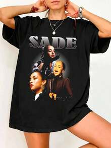 Sade Adu Vintage Bootleg R&B Music Graphic Casual Loose Fit T-Shirt - Black - View 6