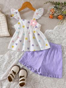 Conjunto de 2 piezas de niña joven con top de manga abullonada con estampado de corazón y flores 3D + shorts con volantes en el bajo para primavera/verano - Morado - Ver 1