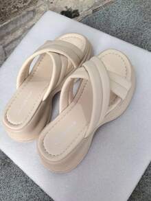 Sandalias de playa de mujer de unicolor de piel de PU con tiras cruzadas, para primavera/verano - Beis - Ver 3