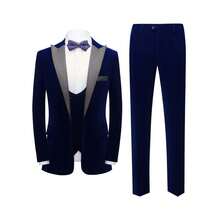 Men's Luxury Velvet 3-Piece Suit, Satin Lapel Blazer, Waistcoat & Dress Pants Set For Evening Gala Party - 寶藍色 - 查看 9