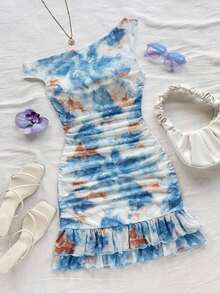Vestido mini ajustado con hombro asimétrico, volantes y estampado de degradado rosa romántico. Versátil para fiestas, citas, té de la tarde, playa, bodas y temporada de graduación - Multicolor 2 - Ver 8
