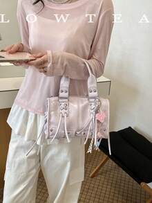 low tea 1 pieza Bolso de mano de unicolor de PU, bolso de bolos de moda retro para mujer, diseño de doble asa superior, cierre con cremallera, correa para el hombro ajustable y desmontable, adecuado para viajes, compras, citas, regalo para mujer, excelente para ir al trabajo, actividades al aire libre, viajes, senderismo (con colgante) - Rosa - Ver 6