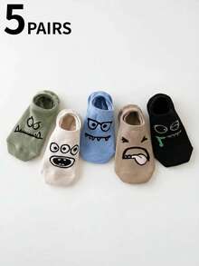 1/5 pares de calcetines tobilleros divertidos para mujer, blancos, azules, verdes, beige, negros, con expresiones faciles lindas, suaves y cómodos calcetines ocultos, adecuados para uso diario en primavera/verano, regalo novedoso - Multicolor - Ver 9