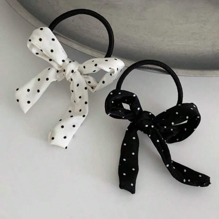 2 piezas Scrunchies para el cabello de mujer con lunares y lazo, lazos de moda minimalistas, accesorios de cabello versátiles adecuados para uso diario, viajes, cumpleaños - Multicolor - Ver 1