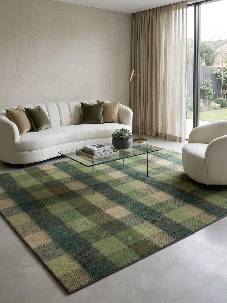 1pc Modern Simple Green Geometric Colorful Striped Plaid Rug, Soft Faux Wool Carpet, Suitable For Bathroom, Kitchen, Entryway, Hallway, Bedside, Living Room, Bedroom, Machine Washable, Home Decor - Multicolor - View 1